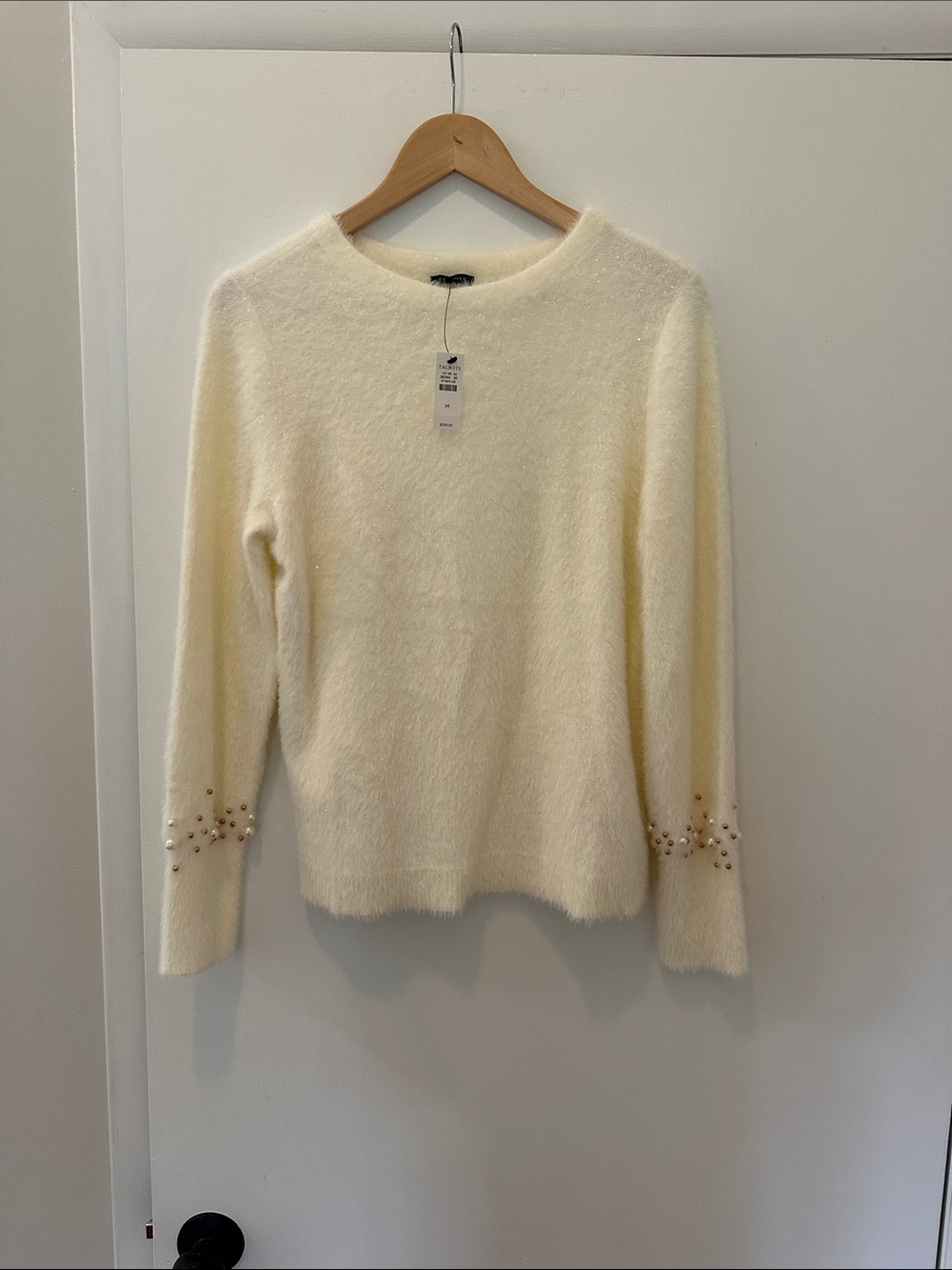 Talbots Ivory Fuzzy Sweater with Bead-Embellished Cuffs and subtle sparkle